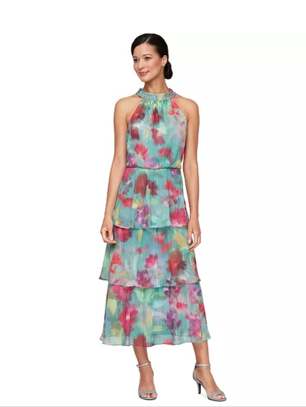 SLNY Floral Tiered Maxi Dress Size 8 Beaded Neck Formal Wedding Guest NWT $149
